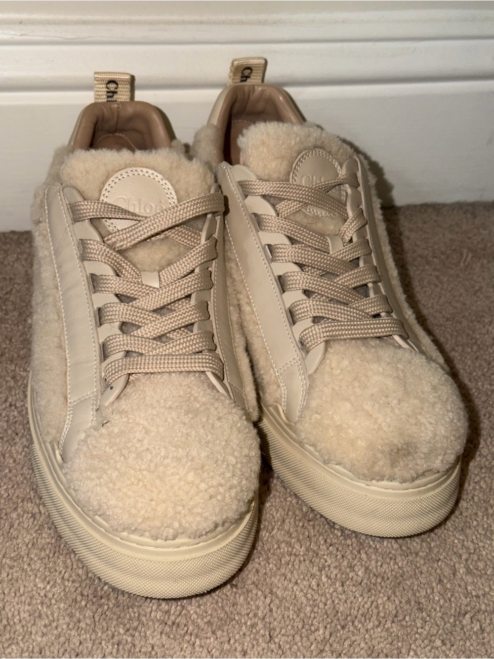 Chloé Cream Shearling-Trim Sneakers